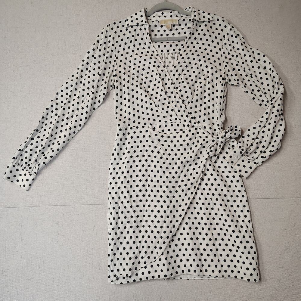 MICHAEL Michael Kors Dress S Black White Polka Dot Wrap Tie Long Sleeve